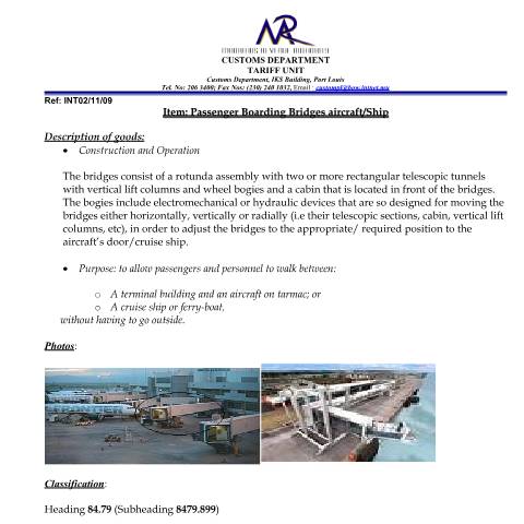 Document preview: Classification of Passenger Boarding Bridges Aircraft &amp; — Document, Mauritius (CERFA n°BoardingBridges)