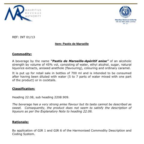 Document preview: Classification of Pastis de Marseille — Document, Mauritius (CERFA n°PastisDMarseille)