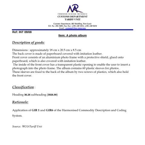Document preview: Classification of Photo Album — Document, Mauritius (CERFA n°PhotoAlbum01)