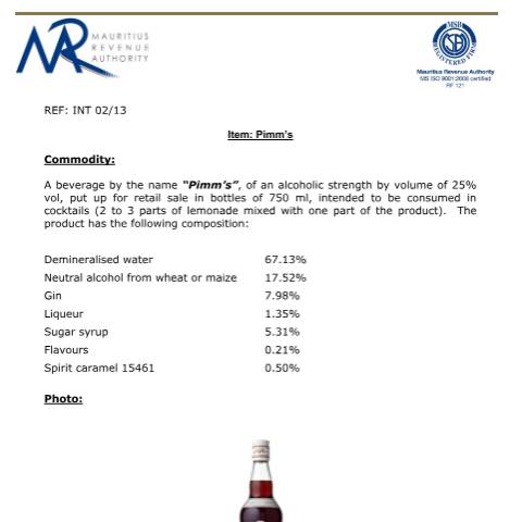 Document preview: Classification of Pimm's — Document, Mauritius (CERFA n°Pimm)