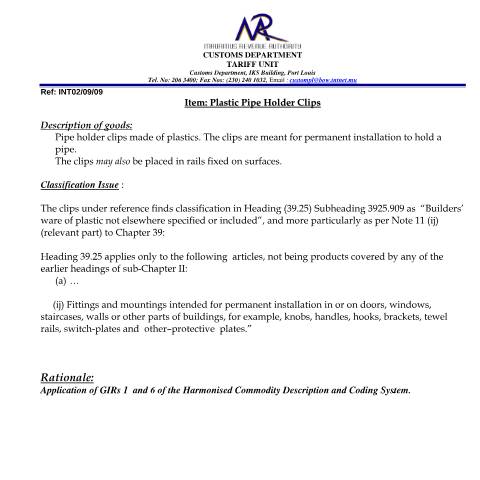 Document preview: Classification of Pipe Holder Clips — Document, Mauritius (CERFA n°PipeHolderClips)