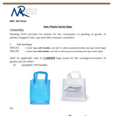 Document preview: Classification of Plastic Carrier Bags — Document, Mauritius (CERFA n°PlasticCarrierBags)