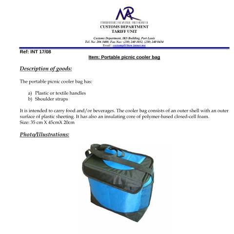 Document preview: Classification of Portable picnic cooler bag — Document, Mauritius (CERFA n°PortablePicnicCoolerBag)