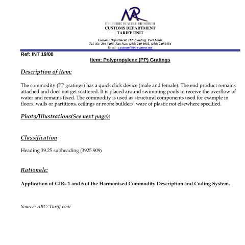 Document preview: Classification of PP Gratings — Document, Mauritius (CERFA n°PPGratings)