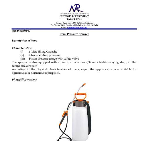 Document preview: Classification of Pressure Sprayer — Document, Mauritius (CERFA n°PressureSpayer)
