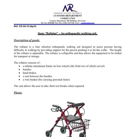 Document preview: Classification for Rollator - An Orthopaedic Walking Aid — Document, Mauritius (CERFA n°RollatorOrthopaedicWalkingAid)