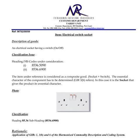 Document preview: Classification of Switch Sockets — Document, Mauritius (CERFA n°Switch_Sockets)