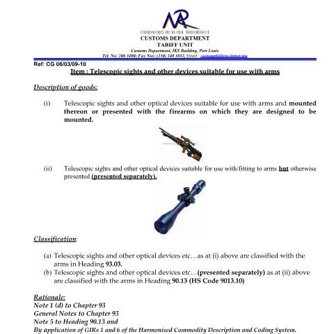 Document preview: Classification for Telescopic devices — Document, Mauritius (CERFA n°TelescopicDevices)