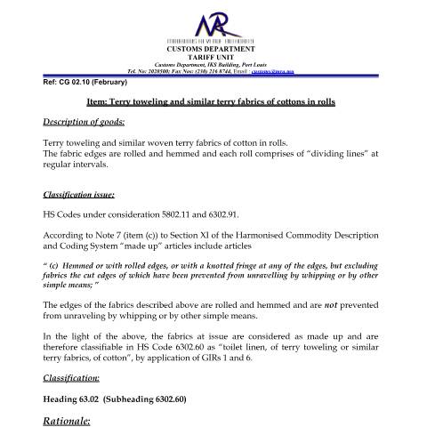 Document preview: Classification for Terry Towelling and similar fabrics of cotton in rolls — Document, Mauritius (CERFA n°TerryTowellingFabrics)