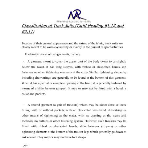 Document preview: Classification of Track Suit — Document, Mauritius (CERFA n°TrackSuit)