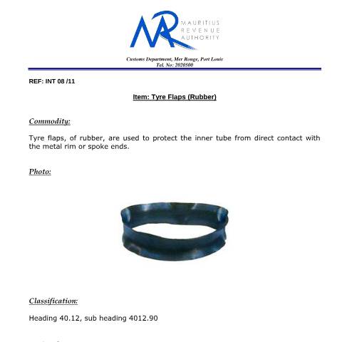 Document preview: Classification of Tyre Flaps — Document, Mauritius (CERFA n°TyreFlaps)