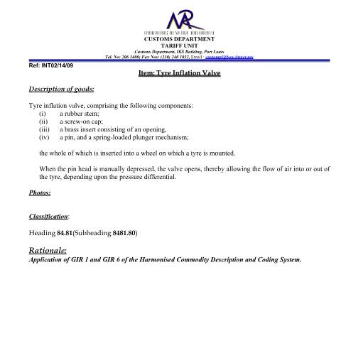 Document preview: Classification of Tyre Inflation valve — Document, Mauritius (CERFA n°TyreInflation)