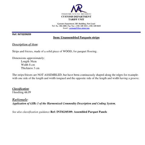 Document preview: Classification of Unassembled Parquet Panels — Document, Mauritius (CERFA n°Unassembled_Parquet_Panels)