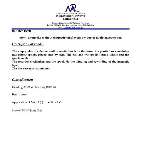Document preview: Classification of Video cassette box — Document, Mauritius (CERFA n°VideoCassetteBox)