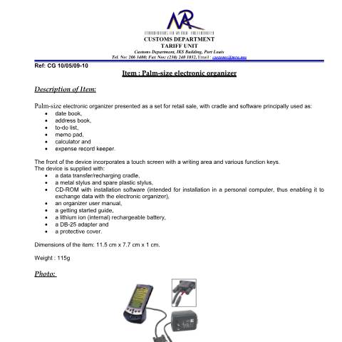Document preview: Classification for Palm size electronic organizer — Document, Mauritius (CERFA n°PalmSize_organiser)