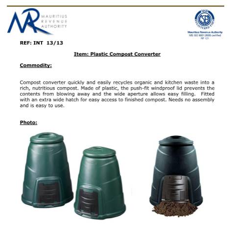 Document preview: Classification for Plastic Compost Converter — Document, Mauritius (CERFA n°PlasticCompostConverter)