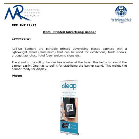 Document preview: Classification for Printed Advertising Banner — Document, Mauritius (CERFA n°PrintedAdvertisingBanner)