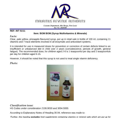 Document preview: Classification for BOM BOM (Syrup Multivitamins &amp; Minerals — Document, Mauritius (CERFA n°BomBomSyrup)