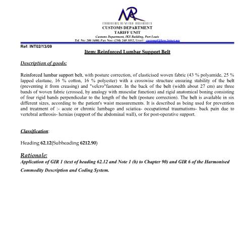 Document preview: Classification of Reinforced Lumbar Support Belt — Document, Mauritius (CERFA n°ReinforcedLumbar)