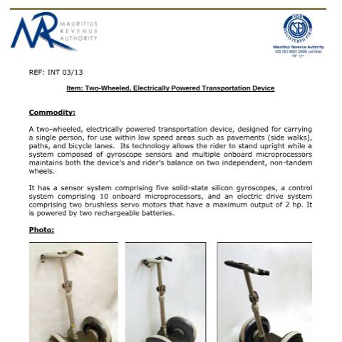 Document preview: Classification of Two-Wheeled Electrically Powered Transportation Device — Document, Mauritius (CERFA n°2WheeledElectricallyPowered)