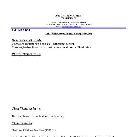 Document preview: Classification of Uncooked instant egg noodles — Document, Mauritius (CERFA n°UncookedInstantEggNoodles)