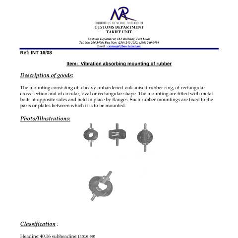 Document preview: Classification of Vibration absorbing mounting — Document, Mauritius (CERFA n°VibrationAbsorbingMounting)