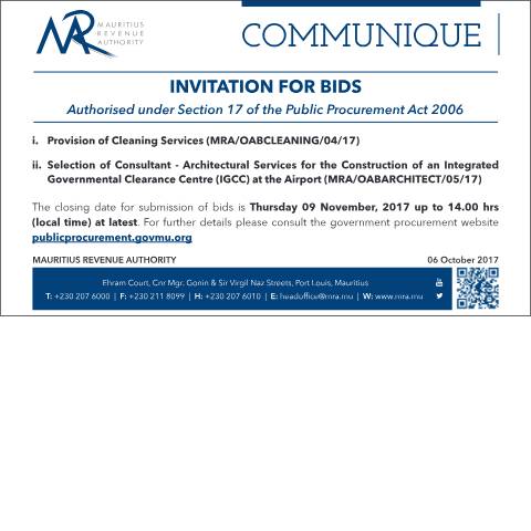 Document preview: Invitation for Bids (06.10.17) — Document, Mauritius (CERFA n°CleaningServices)