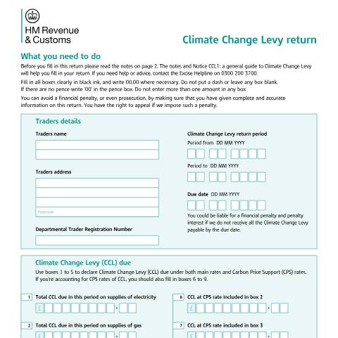 Document preview: Climate Change Levy return — HM Revenue & Customs, United Kingdom