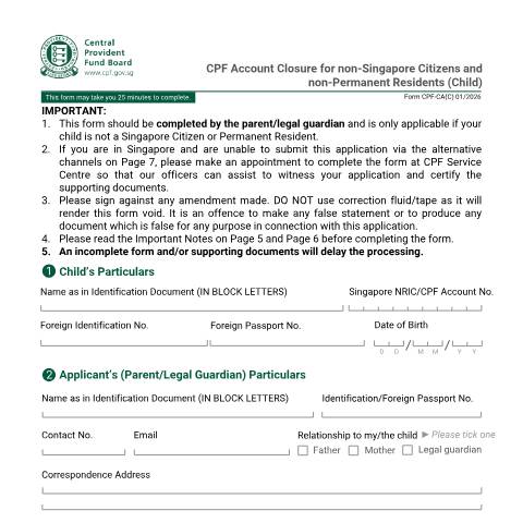 Document preview: Application to close CPF accounts for non-Singapore Citizens and non-Permanent Residents — CPF / Member Forms, Singapore (CERFA n°FORM CPF-CAC)