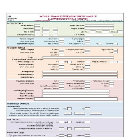 Document preview: Clostridioides difficile infection: surveillance form. — Public Health England, United Kingdom