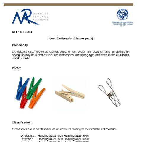 Document preview: Classification for Cloth Pegs — Document, Mauritius (CERFA n°ClothPegs)