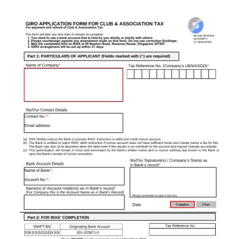 Document preview: Clubs and Associations GIRO Form — IRAS / Giro Application Forms, Singapore (CERFA n°GIRO_CA_APPLN_FORM)