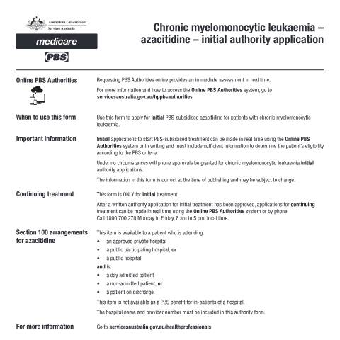 Document preview: Chronic myelomonocytic leukaemia - azacitidine - initial authority application form (PB079) — Services Australia — Health professionals, Australia (CERFA n°PB079)