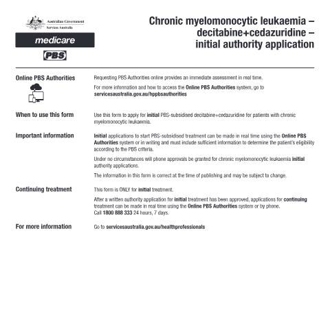 Document preview: Chronic myelomonocytic leukaemia - decitabine+cedazuridine - initial authority application form (PB340) — Services Australia — Health professionals, Australia (CERFA n°PB340)
