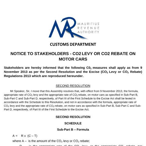 Document preview: CO2 Levy / Rebate on Motor Cars (09.11.13) — Document, Mauritius (CERFA n°NOTICECO2LEVYREBATE)