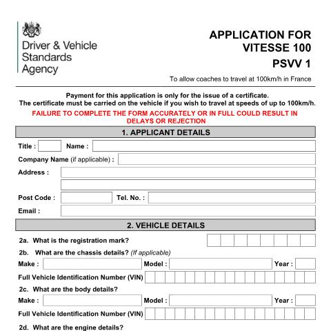 Document preview: Apply for a coach to travel at 100km/h in France — Driver and Vehicle Standards Agency, United Kingdom