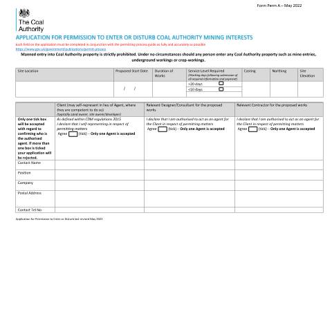 Document preview: Coal mining permit application form — Coal Authority, Mining Remediation Authority, United Kingdom