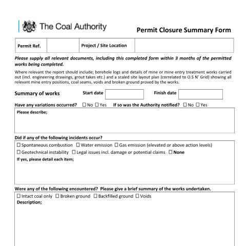 Document preview: Coal mining permit closure form — Coal Authority, Mining Remediation Authority, United Kingdom