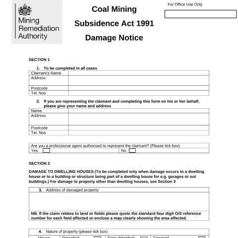 Document preview: Coal mining subsidence damage notice form — Coal Authority, Mining Remediation Authority, United Kingdom