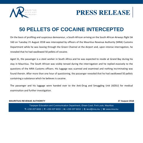 Document preview: 50 pellets of cocaine intercepted — Document, Mauritius (CERFA n°PressReleasePellets)
