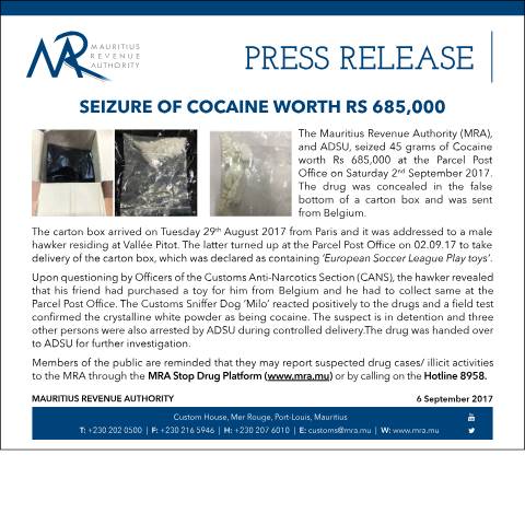 Document preview: Seizure of Cocaine worth Rs 685,000 (06.09.17) — Document, Mauritius (CERFA n°SeizureCocaine)