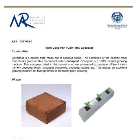 Document preview: Classification for Cocopith — Document, Mauritius (CERFA n°Cocopith)