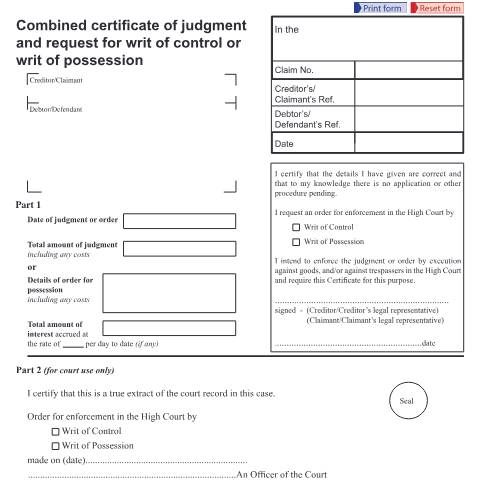 Document preview: Combined certificate of judgment and request for writ of fieri facias or writ of possession: Form N293A — HM Courts & Tribunals Service, United Kingdom