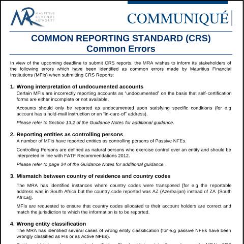 Document preview: Common Reporting Standard (CRS) : Common Errors (10.06.21) — Notice / Circular, Mauritius (CERFA n°CommuniqueCRS100621)