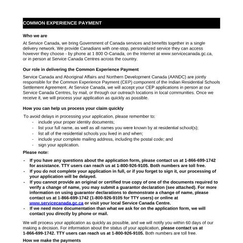 Document preview: Common Experience Payment Application for Personal Representative or Estate — Employment Programs, Canada (CERFA n°EMP5418)