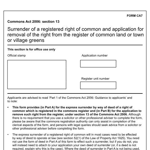 Document preview: Common land: surrender and extinguish a right of common (CA7) — Department for Environment, Food & Rural Affairs, United Kingdom