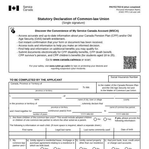 Document preview: Statutory Declaration of Common-law Union (Single signature) — Income Security Programs, Canada (CERFA n°ISP3104CPP)
