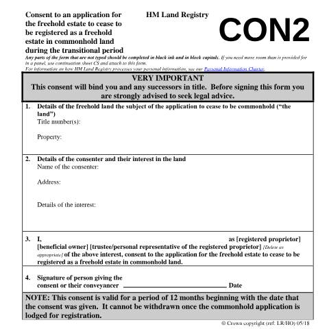 Document preview: Commonhold land: freehold registration termination consent (CON2) — HM Land Registry, United Kingdom