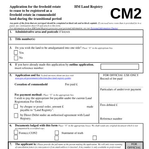 Document preview: Commonhold land: registered freehold termination (CM2) — HM Land Registry, United Kingdom