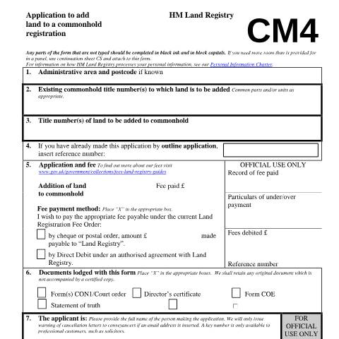Document preview: Commonhold land: registration application (CM4) — HM Land Registry, United Kingdom